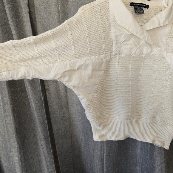 I. B. Diffusions Vintage Multi-textured V Neck Collared Sweater Ivory Size S - Picture 2 of 4